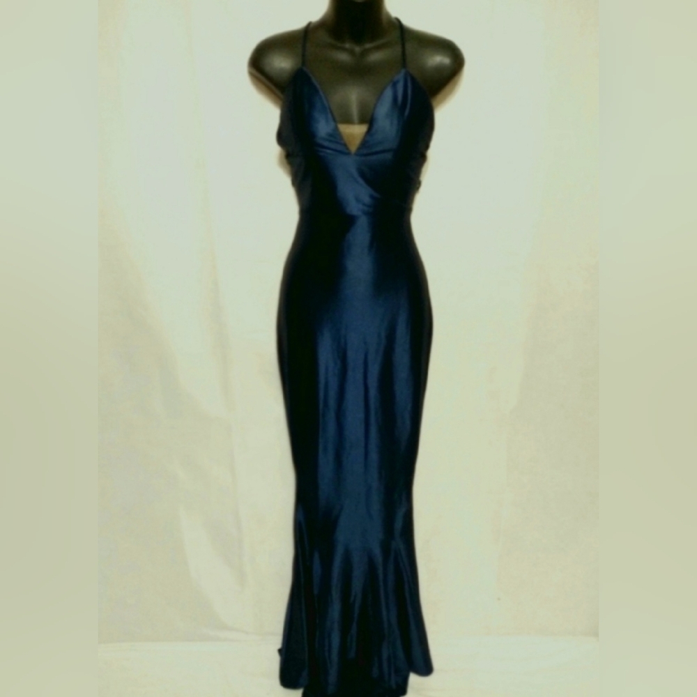 Alamour The Label Satin Crisscross Open Back Fitted Evening Gown Dark Blue XXS